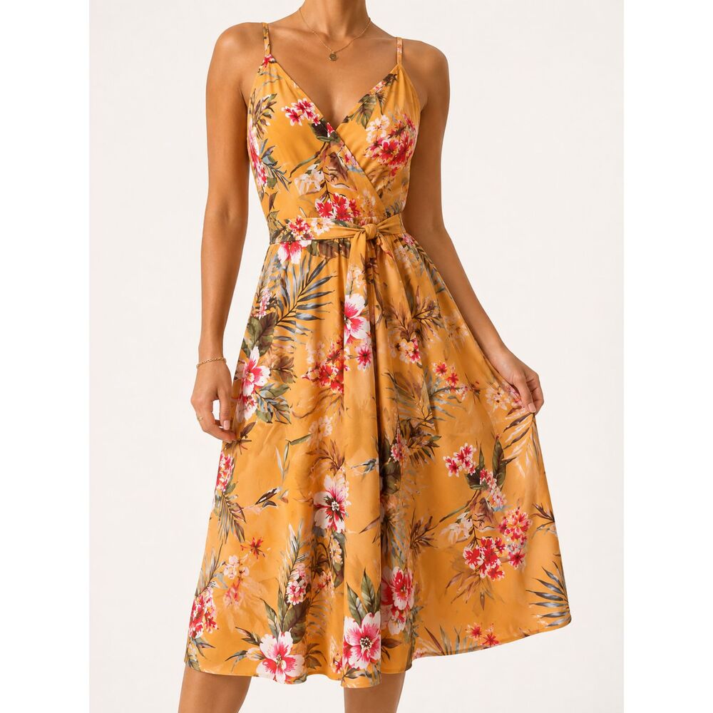 PatPat Womens S Orange Floral Midi Dress Belted Tropical Resort Vacation NWT